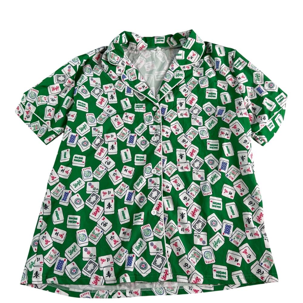 Mahjong Tile Print Pajama Top Lounge Sleep Shirt Green White Contrast Trim sz M